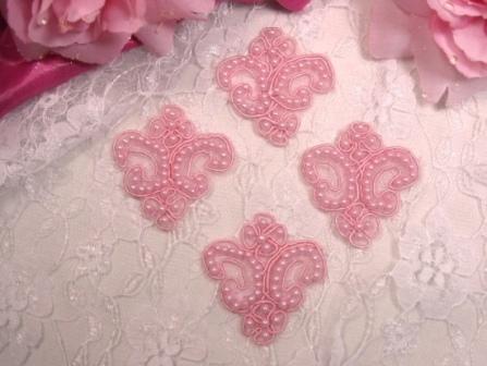 A0227  Set of 4 Pink Beaded Victorain Appliques 1.75"