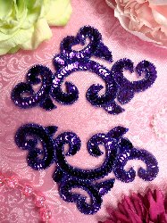 0242  Purple Appliques Mirror Pair Sequin Beaded  6"