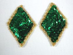 REDUCED Set of 2 Green Diamond Sequin Beaded Appliques 1.5" 0271