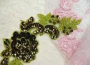 Sequin Appliques Olive Lime Green Beaded Rose Floral Mirror Pair 9.5" (0280X)