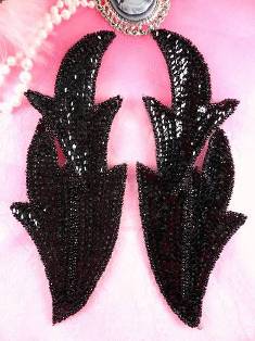 0299 Black Leaves Mirror Pair Sequin Beaded Appliques 7"