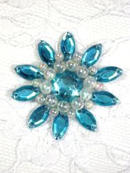 0342  Turquoise / Crystal AB Jewel Beaded Applique 1.5"