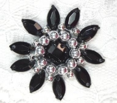 0342  Black / Silver Jewel Beaded Applique 1.5"