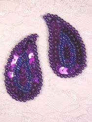 0345  Purple  Paisley  Mirror Pair Sequin Beaded Applique 2"