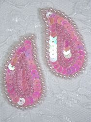 0345  Pink  Paisley Mirror Pair  Sequin Beaded Applique 2"