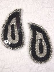 0345  Black / Silver Paisley  Mirror Pair  Sequin Beaded Applique 2"