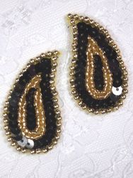 0345  Black / Gold Paisley Mirror Pair Sequin Beaded Applique 2"