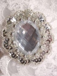 JB236 Applique Silver Jewel Sequin Beaded Patch 2"