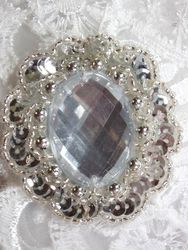 JB236 Applique Silver Jewel Sequin Beaded Patch 2"