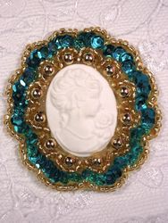 0347  Turquoise Gold / Ivory Victorian Cameo Sequin Beaded Applique Brooch  2"