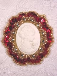 0347  Red Gold / Ivory Victorian Cameo Sequin Beaded Applique Brooch  2"