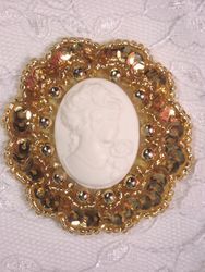 0347  Gold / Ivory Victorian Cameo Sequin Beaded Applique Brooch 2"
