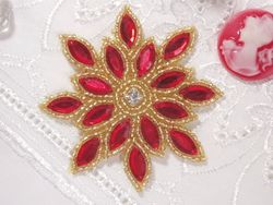 XR32 Applique Red / Gold Snowflake Star Beaded  3"