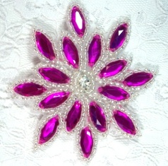 0348 Fuchsia Silver Snowflake Jewel Beaded Applique 3"