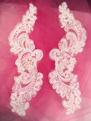 0351  White Venice Lace Sequin Beaded Applique 9"