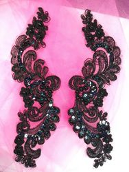 0351  Black Iris Venice Lace Mirror Pair Sequin Beaded Appliques 9"