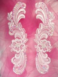 0352  White Venice Lace Mirror Pair Sequin Beaded Appliques 10"
