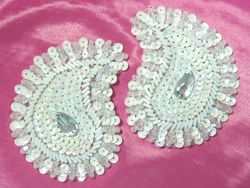 0361  White AB Paisley Mirror Pair Beaded Sequin Applique 3.25"