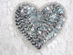 0363  Silver Heart Beaded Sequin Applique 2"