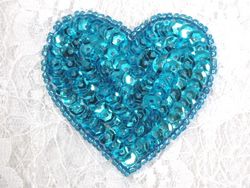 0363  Turquoise Heart Beaded Sequin Applique 2"