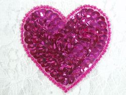 0363  Fuchsia Heart Beaded Sequin Applique 2"