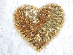 0363  Gold Heart Beaded Sequin Applique 2"