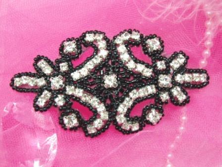 Black Beaded Genuine Rhinestone  Applique 4"  XR296