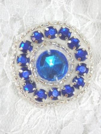 ACT/0379   Blue Silver Rhinestone Round Beaded Applique 1.25"