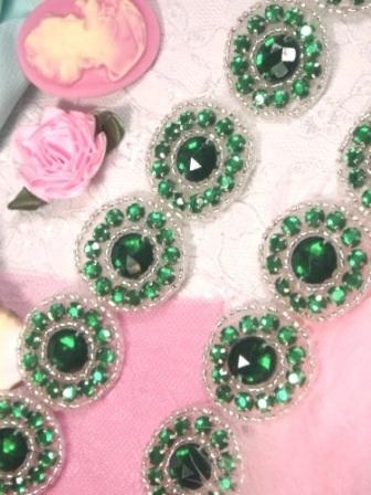 0379  Green Silver Round Beaded Appliques or Trim 1.25"