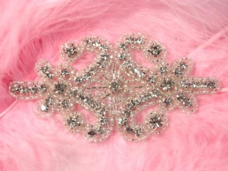 0413 Clear Rhinestone Beaded Hair Bow / Brooch / Applique 4"