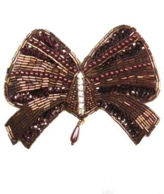 0432  Chocolate Brown Rhinestone Bow Beaded Applique 4.75"