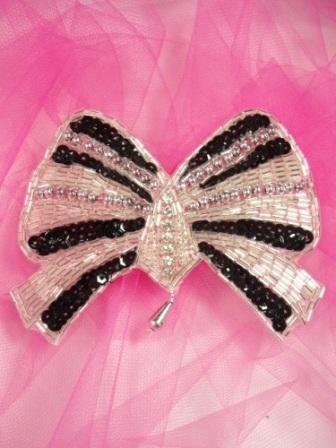 0432  Silver Black Rhinestone Bow Beaded Applique 4.75"