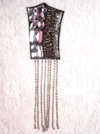 0445  Black Silver Chain Jewel Beaded Applique 8"
