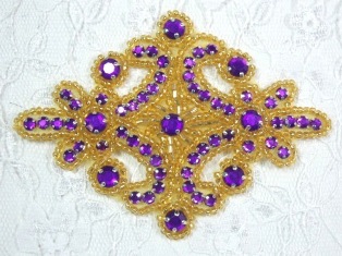 0470 Purple Gold Rhinestone Beaded Hair Bow / Brooch / Applique 4"