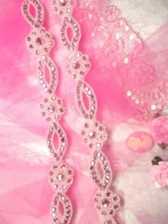 0474  Pink Rhinestone Jewel Floral Trim 1.25"