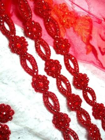 0474  Red Rhinestone Jewel Floral Trim 1.25"
