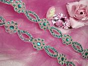 0474  Turquoise & Silver Rhinestone Jewel Floral Trim 1.25"