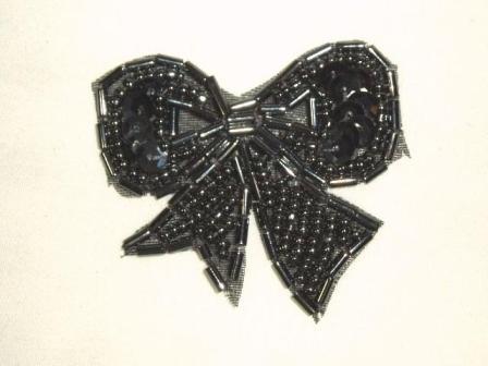 T8623  Gunmetal Bow Sequin Beaded Applique 2"