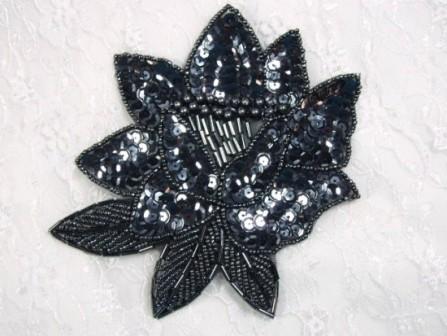 K8108  Gunmetal Sequin Beaded Applique 5.25"