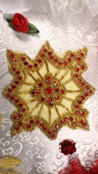 JB96 Red Rhinestone Gold Beaded Rhinestone Applique 4"