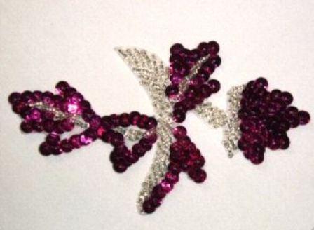 K8277   Fuchsia Leaf Designer Sequin Beaded Applique 4.75"