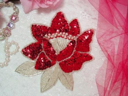 K8108  Red Rose Sequin Beaded Applique 5.25"