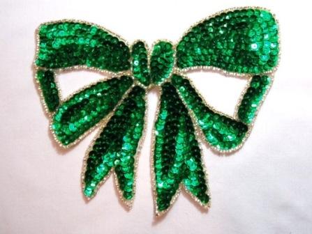 K8140 Green Large Bow Sequin Beaded Applique 6.75"
