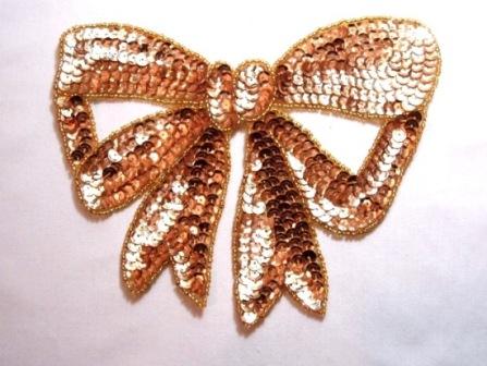 K8140  Gold Large Bow Sequin Beaded Applique 6.75"