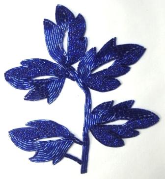 K8253  Blue Leaf  Vine Beaded Applique 7"