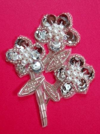 K8262  Silver Flower Pearl Cluster Sequin Beaded Applique 3.5"