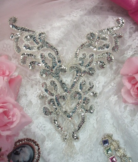 0035  Silver Pearl Heart Bodice Yoke Pearl 8" Sequin Beaded Applique