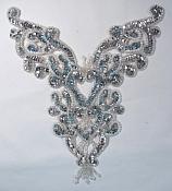 0035  Silver Pearl Heart Bodice Yoke Pearl 8" Sequin Beaded Applique