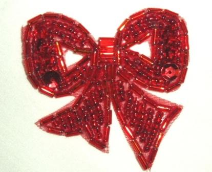 T8623  Red Bow Sequin Beaded Applique 2"