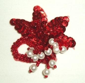 T8634  Red Pearl Dangle Sequin Beaded Applique 2"
